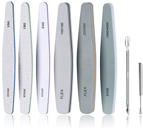 URAQT - Juego de 8 limas de uñas profesionales, 6 lima de uñas de doble cara + 2 piezas de empujón de cutículas metales, conjunto de lima de uñas semipermanente para hogar, manicura cosmética salón