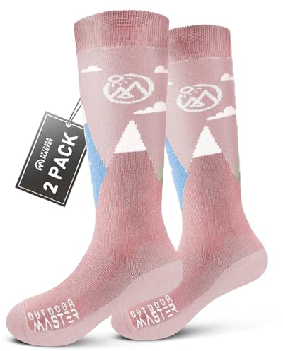 OutdoorMaster 2 Pares Unisex Lana Merino calcetines de Esquí Para Chicos & Niñas, Niño Calcetines Invierno Snowboarding Transpirables para Deportes al Aire Libre con Diseño OTC/Puño Antideslizante