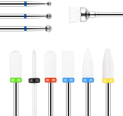 URAQT Ceramic Nail Drill Bits Sets, 10 pcs Electric Nail Drill Bits Kit 3/32, Professional Cuticle Polishing Bits for Acrylic Gel Nails, Electric Nail Files Manicure Pedicure Drill Tool