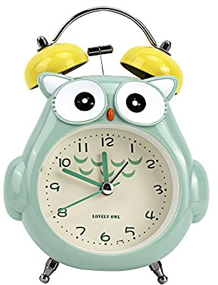 Meyaus 3in Small Owl Twin Bell Loud Metal Alarm Clock Silent Analog Quartz Nightlight Clock