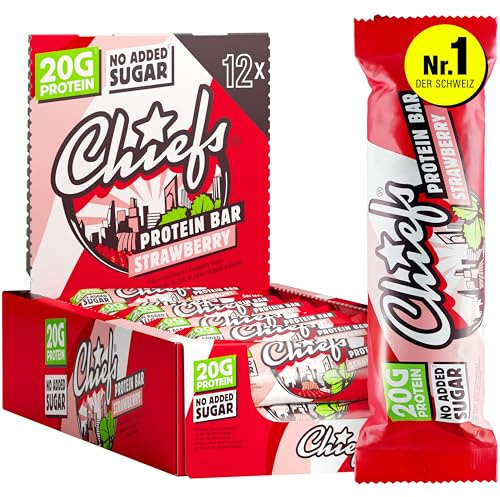 CHIEFS High Protein Riegel - fruchtiger Erdbeere Geschmack - 12er Box - 20g Protein - perfekte Snacks ohne Zuckerzusatz - Low Sugar - 55g Eiweißriegel ohne Palmöl
