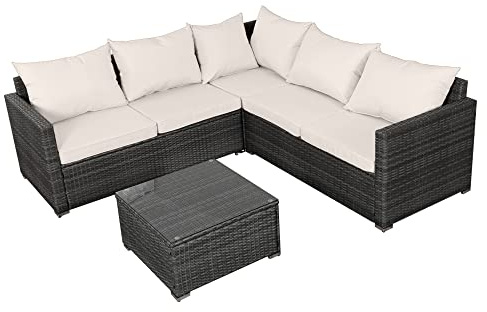 Panana 5 Seater Rattan Garden Furniture Corner Sofa Set with Coffee Table, Outdoor Patio Lounge Set with Cushions & Free Cover for Garden, Conservatory, Terrace (Mixed Grey Rattan with Beige Cushions)