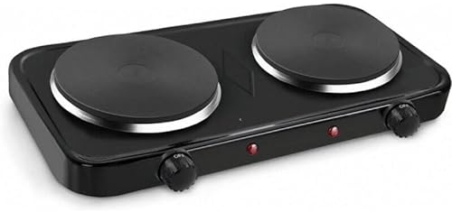 FLM SYSTEM FORNELLO ELETTRICO 2000W ACCIAIO 2 PIASTRE TERMOSTATO 5 LIVELLI TEMPERATURA PIASTRA GHISA CAMPEGGIO PORTATILE (2000W)