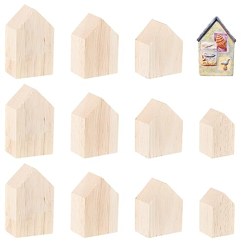 OLYCRAFT 12 Stück 4 Größen Unlackierte Holzblöcke In Hausform Klein Pfeilform Holztablettplatten Leere Holzausschnitte Bauernhaus Holzhandwerk Für Zuhause Küche Büro Regal Kaffee Bar Dekoration