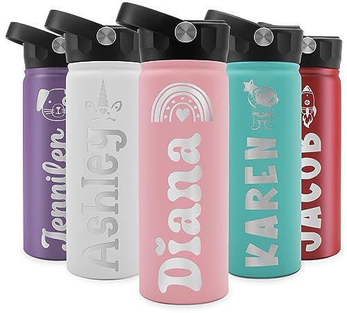 GIFTBYGIFTY Borraccia personalizzata per bambini con nome e icona - 510 g - 9 colori - BPA FREE, regali per il ritorno a scuola, bottiglia d'acqua personalizzata per la scuola, isolamento a doppia