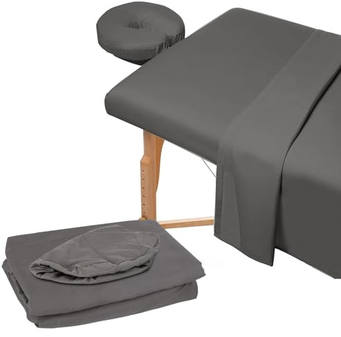 XQZMD Set med 3 delar mikrofiber massagebord, platt massagebordsöverdrag, inkluderar massagebordsöverdrag, dra-på-lakan, ansiktsskydd för skönhetssalong spa (mörkgrå)