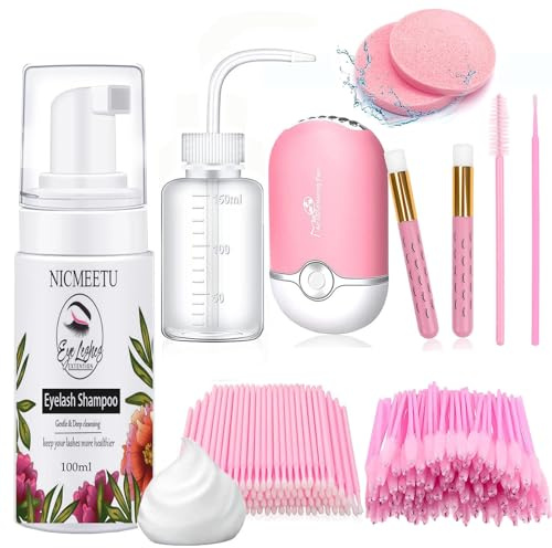 NICMEETU 100ML Lash Shampoo for Lash Extensions.Lash Cleaning Kit with 1 Pcs USB Lash Fan 50 Pcs Eyelash Brushes 100 Pcs Micro Brush 2 Pcs Lash Shampoo Brush 2 Pcs compressed Sponge and Rinse Bottle