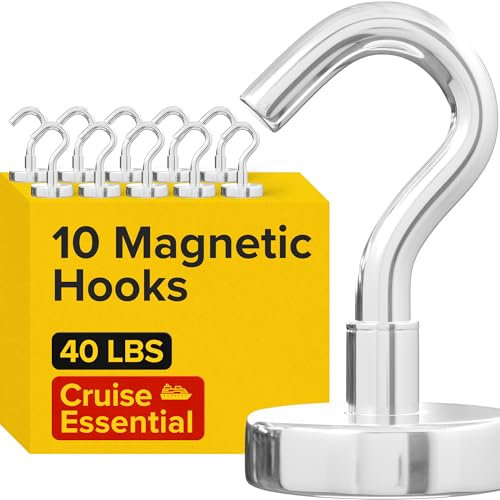Magnetic Hooks 40lbs/18kg (Pack of 10 Silver) - Heavy Duty Neodymium Hooks for Outdoor & Backyard Use - Strong Rare Earth Magnets for Cruise Cabins - Magnet Hooks for Kitchen & Refrigerators