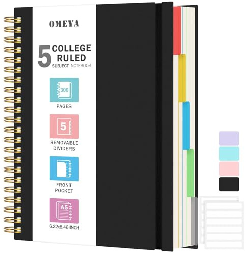 Notizblock, Notizbuch A5 Liniert, Notizbücher Mit 5 Fächern Und Herausnehmbaren Trennblättern, 300 Blatt 100GSM Spiral Notizbuch Softcover Zum Schreiben, Für Arbeit Und Schulbedarf, 15.8 x 21.5cm