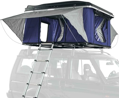 Prime Tech | Hartschalen-Autodachzelt Nevada Pro 210x135 cm Schwarz/Blau | 3D-Mesh & 6cm Matratze | Ripstop-Zeltstoff | Automatik-Öffnung | Hardshell Dachzelt 47 kg