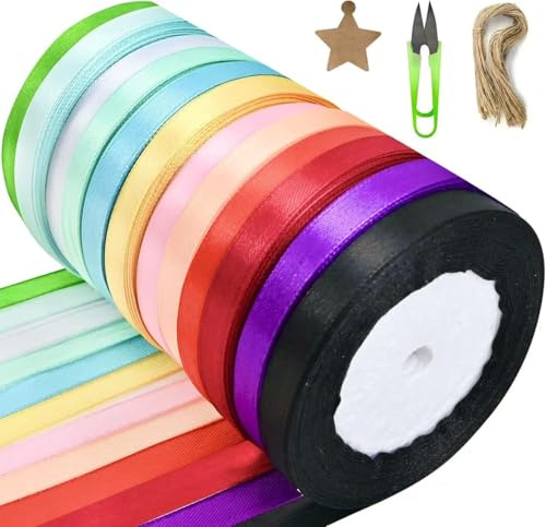 12 Rolls Coloured Polyester Satin Ribbon, 10mm X 22M Each Ribbons with 50 Kraft Paper Gift Tags, Jute Twine and Scissors, Ribbons for Gift Wrapping, Crafting, Double Sided Satin Ribbon for Balloons
