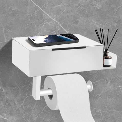 DOKKOME Porte-rouleau de papier toilette sans perçage avec boîte à lingettes humides - En acier inoxydable - Pour salle de bain - Blanc