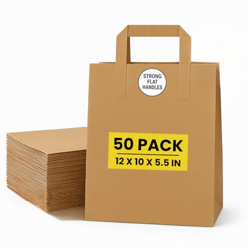 Brown Kraft Paper Bags with Handles – 50 Large Recyclable Biodegradable SOS Carrier Bag (12 x 10 x 5.5) | Eco-Friendly, Strong Takeaway, Grocery, Shopping, Lunch, Party & Gift Bags for Catering