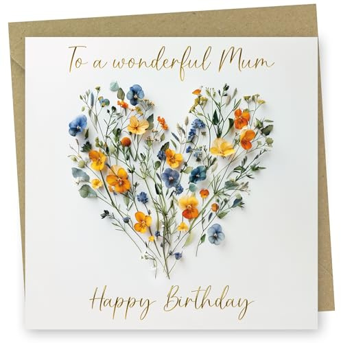 Birthday Card for Mum. Heart of Flowers Design with Gold Foiled text. 150x150mm supplied with Envelope. Eco-friendly. Message inside. Made in Britain.