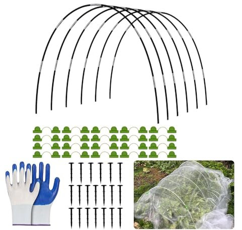JACKANNA Barras de fibra de vidrio y túnel para plantas, arcos para jardín, túnel de láminas para bancal, red para pájaros, bancal elevado, juego de arcos y accesorios de invernadero (juego de 30