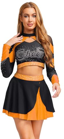 TSSOE Uniforme de Pom-Pom Girl Femme Strass Crop Top Débardeur Jupe Plisée Costume Cheerleading Tenue Fête Spectacle Carnaval Halloween Orange M