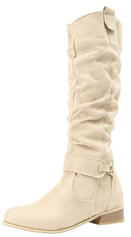 Xbemkste Stivali western da donna in pelle scamosciata, con chiusura lampo, stivali alti da cowboy, eleganti stivali lunghi da donna, beige., 39 EU