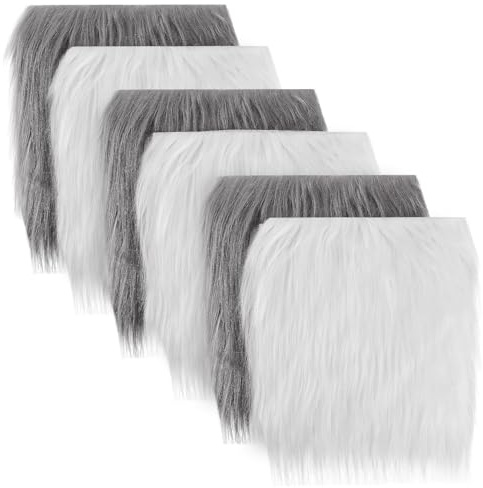 Tessuto in Pelliccia Sintetica, 6 Pcs Barba di Gnomo Pre-Tagliata, 25 x 25 cm, Bianco e Grigio, Pelliccia Sintetica per Barba Gnomi, per Fai Da Te Decorazioni Natalizie