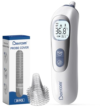 Berrcom Termómetro de Oído de Alta Precisión, Termómetro Digital Auricular con Tecnología de Sonda Precalentada para Adultos y Bebés, Guía de Temperatura por Grupos de Edad