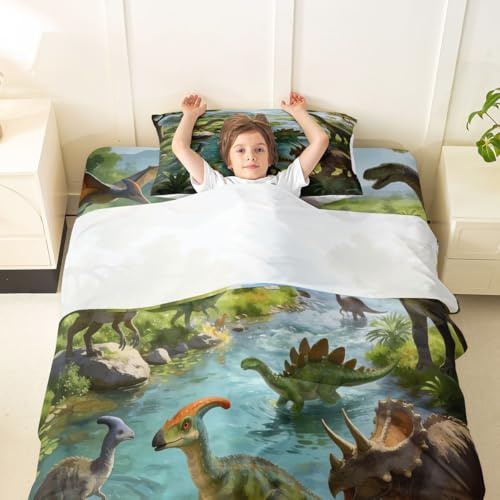 Castle Fairy Watercolor Dinosour Bed Sheets Twin Size,Jungle Animals Theme Easy Wash Bedding Set,Dino Ancient Animals Kids Room Decor,Blue Green Sheet(Fitted+Flat+1 Pillowcase)