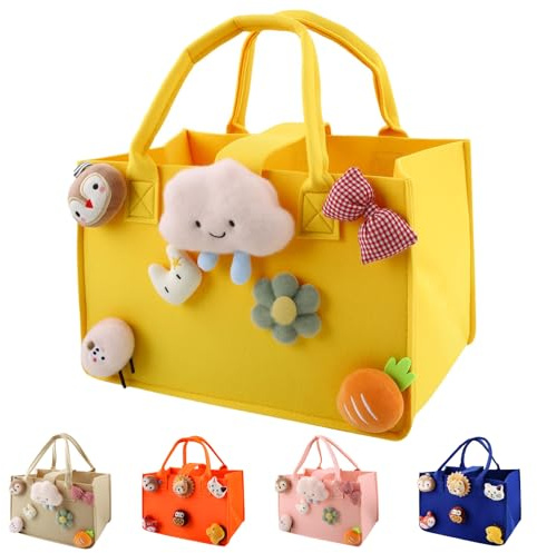 HUANYO Felt Storage Bag for Kids, 30x20x18 cm Colourful Toy Organiser with Handles, DIY Gift Bag for Holidays, Birthday, Christmas Presents (yellow)