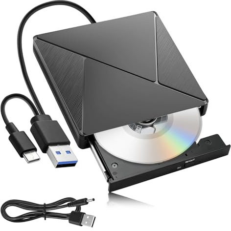 Lettore DVD esterno USB 3.0 USB-C, lettore CD esterno con Plug and Play, masterizzatore CD DVD portatile +/-RW, 5 Gbps Optical Drive per laptop, PC, desktop, MacBook, iMac, Windows 11/10/8/7/XP Linux