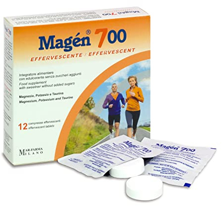 Magen 700 - Integratore Alimentare a Base di Magnesio e Potassio con Taurina - Combatte la Fatica, Ideale per Recupero dopo Iintensa Sudorazione per Attività Fisica o Caldo- 12 Compresse Effervescenti