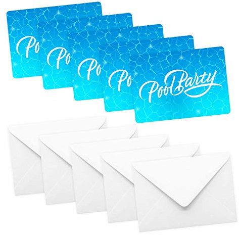 5 Einladungskarten Pool Party mit GLITZER inkl. 5 Briefumschlägen - Poolparty Gartenparty Geburtstag Kindergeburtstag Türkis Wasser