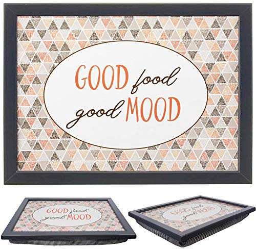 MTS Wooden Lap Trays with Bean Bag Cushion - Good Food Good Mood Design - Large Padded Tray for Adults - Suitable for Food, Work, Art, Studies, TV, Sofa, Bed - Great for Food Lovers