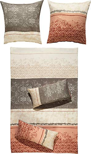 Erwin Müller Bettwäsche, Bettgarnitur Mako-Satin Ornamente rot-Kiesel-beige Größe 80x80 cm / 135x200 cm - feinste Baumwolle, angenehmes Schlafklima, mit praktischem Reißverschluss