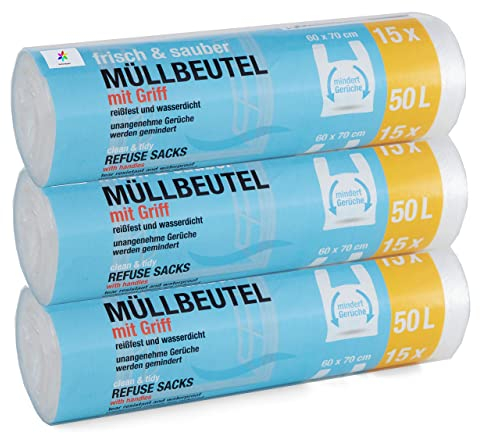 45 Stück Müllbeutel Premiumline: 50 Liter, 3er Pack, Größe: 60 x 70 cm - Besonders reißfest und wasserdicht - Mit Trage-Griff/Henkel