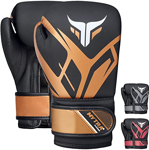Mytra Fusion Guantoni da boxe per bambini Guanti da boxe per bambini con palmo ventilato Guanti da MMA, Muay Thai, Sparring, Fighting, Punching (Black/Gold, 8-oz)