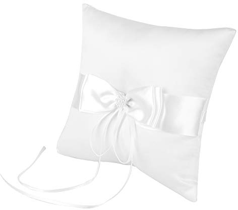 Cuscino porta anelli con fiocco in raso bianco con perle finte, cuscino decorativo per matrimoni (20 x 20 cm), cuscino porta anelli, fiocco in raso bianco R
