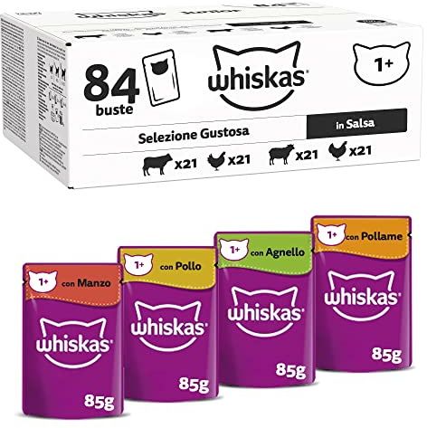 WHISKAS Adult 1+ Katzenfutter nass - ab 1 Jahr - 84x85g Portionsbeutel - Klassische Auswahl in Sauce - Katzen Nassfutter - Großpackung