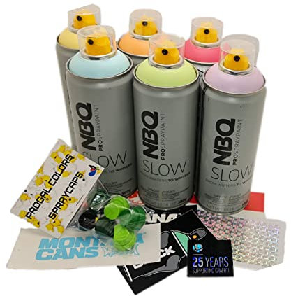 PROGAL COLORS NBQ SLOW PASTEL PACK (6x 400ml Spray Color + 6x Difusor/Cap de repuesto + Pegatinas) Spray de pintura multisuperficie baja presión acabado mate