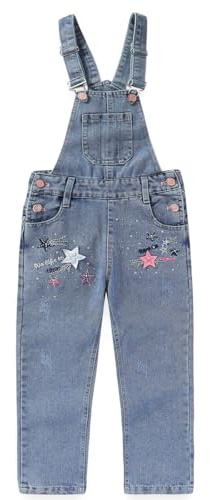 Peacolate 5-10years Little Big Girls Star Embroidery Blue Denim Overalls(6-7Years)