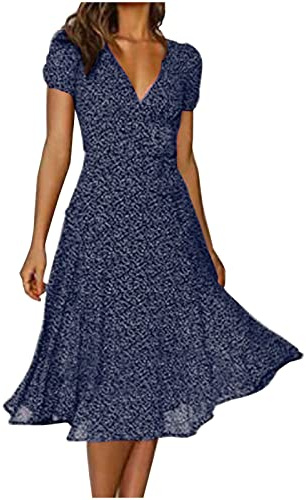 Sommarklänning dam, elegant, blommig klänning, vintage, V-ringad, A-linjeformad klänning, knälång, midiklänning, flickor, ledig kortärmad swing, strandklänning, aftonklänningar, festliga klänningar