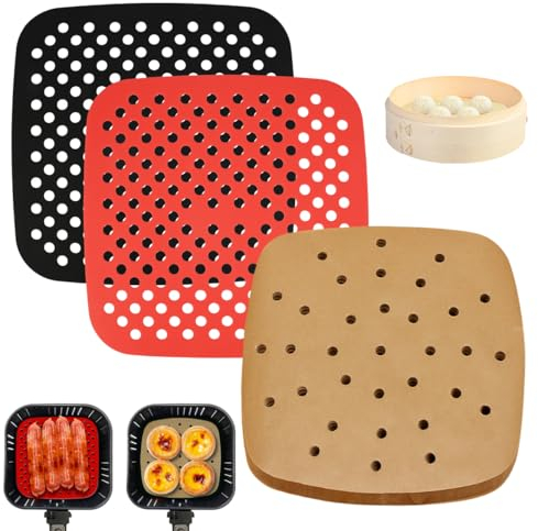 Freidora de aire TESSTSY para hornear con alfombrillas de silicona, 100 piezas de papel y 2 alfombrillas reutilizables, impermeables y resistentes al aceite