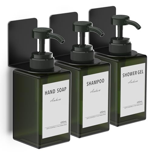 Anhow 3 Pezzi Dispenser Sapone Bagno, 450 ml Dispenser Doccia da Muro Senza Foratura Dispenser Doccia Shampoo e Bagnoschiuma con Etichetta per Bagno Doccia Cucina - Verde