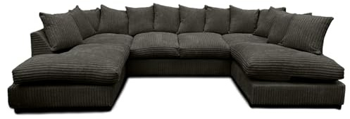 U shape Sofas - Jumbo Cord Sofas for Living Room with Thick Luxury Non slip fixed seating Cushions | Sectional Couches Lounge Sofa Black U Shape