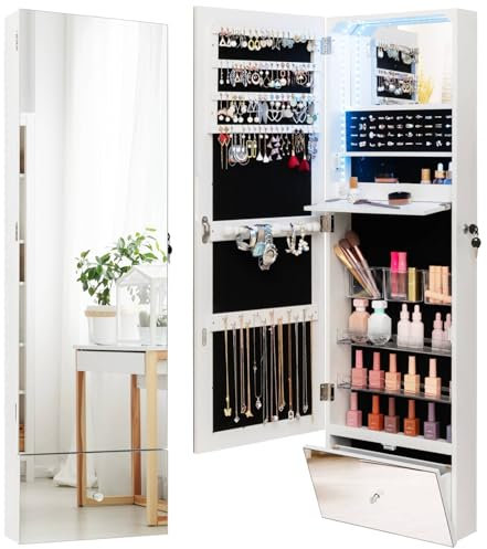 RELAX4LIFE Wall Mounted Jewellery Cabinet, 3-Color LED Lights Jewelry Armoire with Full-Length Mirror, Makeup Mirror, Flip-Up Shelf & Drawer, 3-in-1 Lockable Bedroom Cosmetics Jewellery Organiser Unit