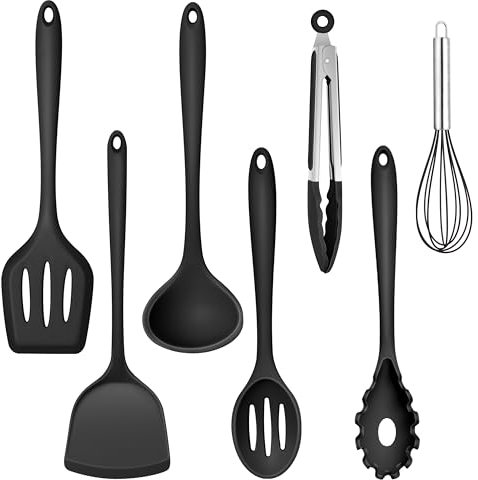 TEAMFAR Küchenhelfer, 7 Stück Silikon Küchenutensilien Küchenset, Antihaft Hitzebeständiger Kochbesteck Set mit Pfannenwender für Kochen, Ungiftig, Einteiliges Design & Leicht zu reinigen, Schwarz