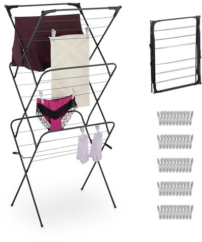 Relaxdays Wäscheständer klappbar, schräge Ebenen, HBT: 138x63x49, Turmwäscheständer, Metall Wäscheständerturm, schwarz