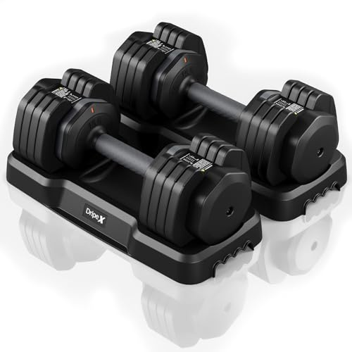 Dripex Mancuernas Ajustables 5 en 1, Juego de Pesas y Mancuernas de 11 kg/24,5 kg, Ajuste Rápido con Base, Ahorran Espacio para Entrenamiento en Casa y Gimnasio (2 x 24,5 Kg - Negro)