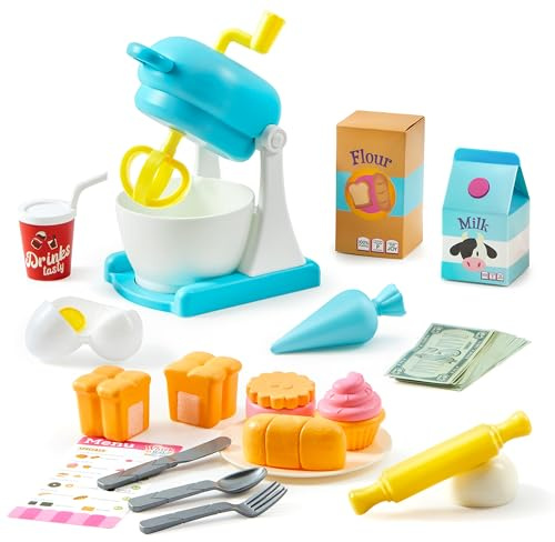 lalalark Whisk n' Bake Bakery Mixer Playset, 16 Pieces Toy Kitchen and Food Accessories with Play Money and Menu, Role Play Toys for Girls Boys, Birthday Gift for Kids