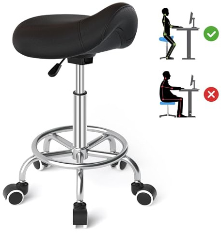 Sattelhocker Ergonomisch - Bequemer Sattelstuhl mit einem breiten Sattelsitzkissen, drehbarer, verstellbarer Sattelhocker mit Rollen und Ringpedal für Medizin,Massage, Salon,Büro und Zuhause (Schwarz)
