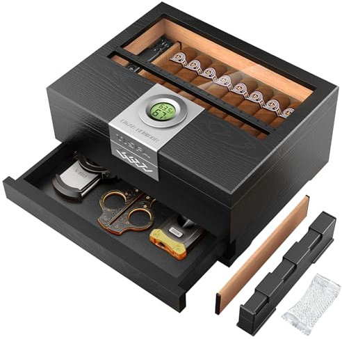 TISFA Cigar Humidor, Cedar Wood Desktop Humidor Box with Digital Hygrometer, Adjustable Humidifier, Accessory Drawer, Divider, Cigar Length Measurement, Glass Top Storage Holder Cigar Case (Black)