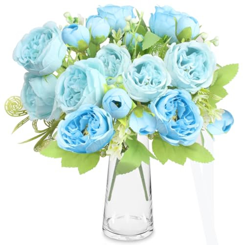 ZGTS 2 Bunches Artificial Peony Silk Flowers,Faux Peonies Flower Bouque for Table Centerpieces Floral Arrangement Wedding Party Home Kitchen Decor (Blue)