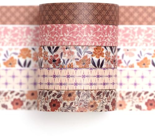 Songdao Fantasy Washi Tape Set - 5 Rolls Texture Arts Adhesive Tapes Basic Patterns Decorative Masking Tape Sets for Craft, Kids, Scrapbook, DIY, Gift Wrapping (8-Autumn Floral)