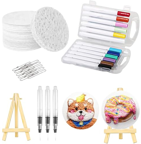 Puasok Magic Puffy Paint, Kit de Peinture 3D pour Enfants avec 10 Feuilles Rondes en Mousse Texturée, 12 Marqueurs, 3 Stylos à Eau, 10 Chaînes de Perles et 1 Mini Chevalet, Activité Créative DIY
